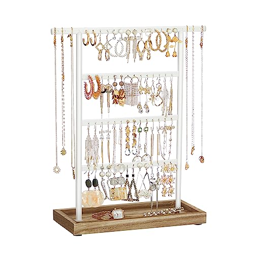 SONGMICS Jewelry Organizer, 4-Tier Earring Holder Organizer Stand with Base Tray, for Studs and Necklaces, Vintage, Wood Color and White UJJS019W01 - color: Wood Color + White, size: 1 Pack