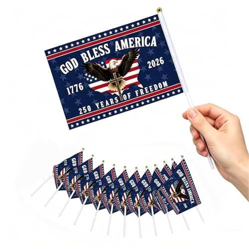 12 Pcs Small American Flags On Stick 250 Anniversary USA Flag Merchandise, Double Sided 250th Anniversary Patriotic Signs Hand Held Flags for Room House Welcome Lawn Backdrop Parade, God Bless America Flags for Outside 4th of July Day Decorations