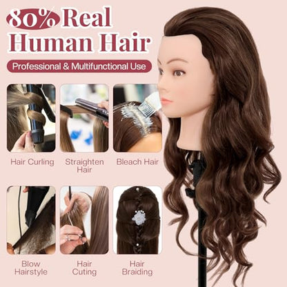 Neverland Beauty & Health 28Inch 60% Real Hair Mannequin Head,Doll Head for Hair Styling Braiding Curling,Cosmetology Mannequin Head with Hair with Table Clamp Hair Styling Set(Dark Brown) - color: gray