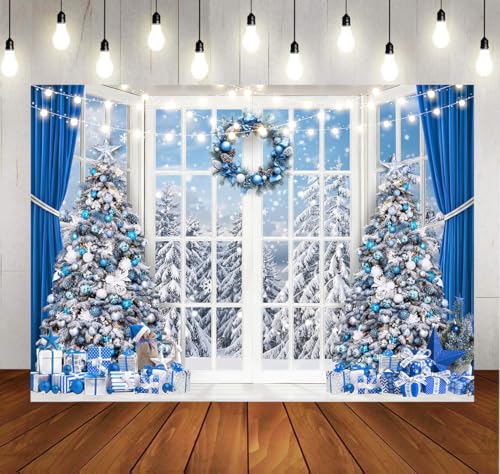10x8ft Blue Christmas Backdrop Christmas Window Photography Background Winter Snow Xmas Tree Forest Photo Backdrop Winter Party Decoration Banner X-465 - size: 10x8ft