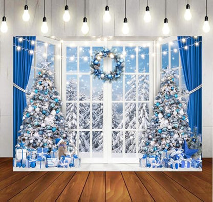 10x8ft Blue Christmas Backdrop Christmas Window Photography Background Winter Snow Xmas Tree Forest Photo Backdrop Winter Party Decoration Banner X-465 - size: 10x8ft