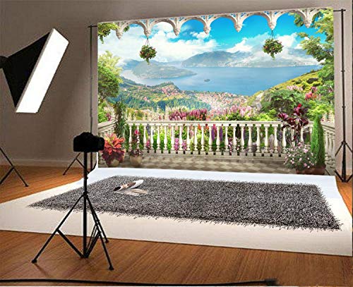AOFOTO 12x8ft Retro Garden Terrace Backdrop Beautiful Balcony Scenery Photography Background Vintage Archway Landscape Girl Bride Portrait Seascape Romantic Wedding Photo Studio Props Vinyl Wallpaper - size: 12x8ft