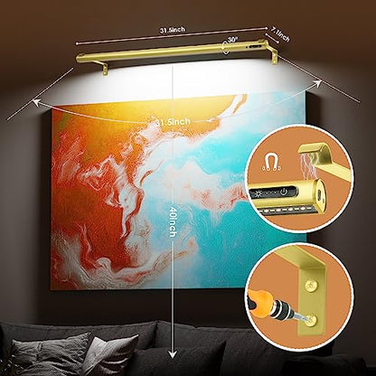 Battery Operated Wireless Picture Light，Rechargeable/Plugged in 31.5inch Painting Display Light,Remote Control Wall Lights with Three Modes and Timing for Art Frame (Gold) - color: Gold