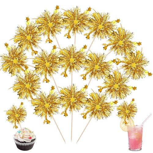 30 PCS Foil Firework Cupcake Toppers Star Cupcake Picks Sparkle Tinsel Flower Drink Stirrers Cocktail Food Fruit Toothpicks for Baby Shower Wedding Birthday Party Cake Decorations Supplies Gold - color: Star Gold