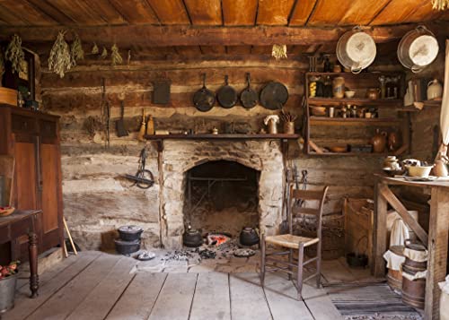 BELECO 12x8ft Fabric Rustic Kitchen Backdrop Western Old Wooden House Kitchen Interior Background Rural Farmhouse Fireplace Cooking Utensils Cooking Background Farmers Cowboys Portrait Photo Props - size: 12x8FT