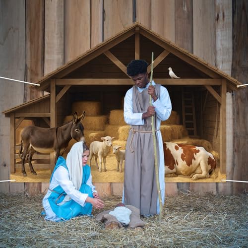 Panelee 9.8x6.5ft Christmas Nativity Backdrop Decoration Nativity Stable Scene Backdrop Banner Farm Barn Manger Straw Bales Haystack Yard Garage Door Wall Decor for Xmas Holiday Party Decor - style: Classic
