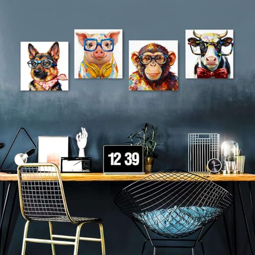 Abstract Cow Canvas Wall Art Funny Pig Dog Chimpanzees Picture Kids Bedroom Wall Decor Colorful Animals Wearing Sunglasses Canvas Prints Artwork for Living Room Toddler Room Home Decoration 16x16"x4 - color: Cartoon Animal, size: 16"l X 16"w