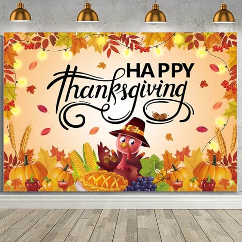 MEHOFOND 7x5ft Happy Thanksgiving Backdrop Pumpkin Turkey Maple Leaf Thanksgiving Party Decorations Banner Fall Thanksgiving Day Party Photography Background Sign Poster Banner - color: Happy Thanksgiving, size: 7x5ft