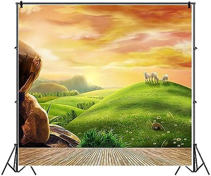 AOFOTO 8x8ft Dreamy Pastoral Scenery Photography Girl Backgrounds Cartoon Spring Hillside Meadow Sheep Backdrop with Wood Floor Rosy Clouds Grass Video Baby Kid Portrait Photo Shoot Studio Props Vinyl - size: 8x8ft