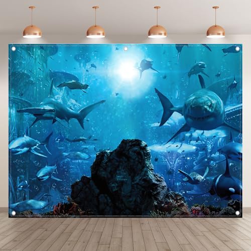 Fabric 8x6ft Shark Theme Photography Backdrop Underwater Deep Ocean Animals Fish Background Aquarium Kids Party Decorations Photo Banner Props - size: 8'x6'