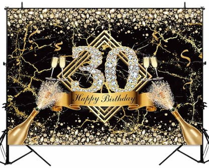 Sensfun Black Gold 30th Birthday Backdrop 30 Years Old Happy Birthday Decorations Banner for Women Diamond Thirty Birthday Party Suppiles Marble Champagne Photography Background Photoshoot Prop 7x5ft - size: 7x5ft