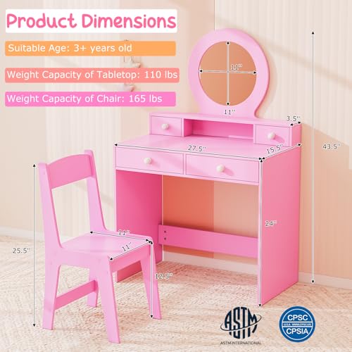 Costzon Kids Vanity, Princess Makeup Dressing Desk with Mirror and Stool, 4 Storage Drawers, Vanity Table and Chair Set for Little Girls (Pink) - style: Pink with Round Mirror