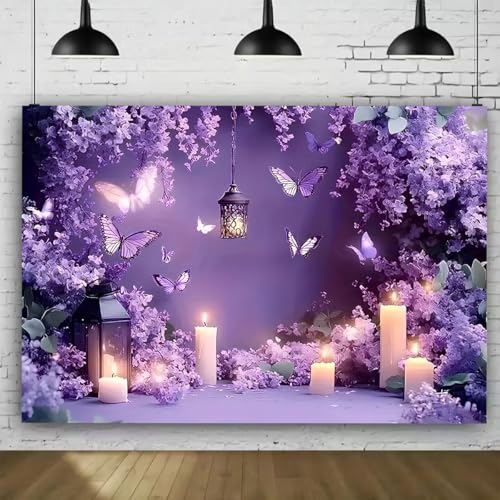Romantic Purple Backdrop Glitter Purple Butterfly Lavender Flower Wall Background Photography for Birthday Party Girl Fairy Party Decorations Wedding Photo Booth Studio Props (A, 8X6FT) - color: A, size: 8X6FT