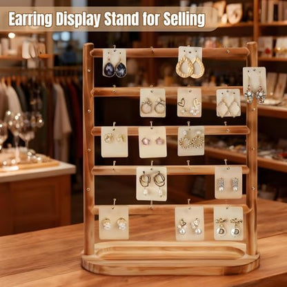 Earring Display Stands for Selling, 5 Tier Wooden Jewelry Display Rack with 56 Hooks for Vendors, Two-Sided Desktop Jewelry Towers Earring Cards Organizer for Bracelets, Rings