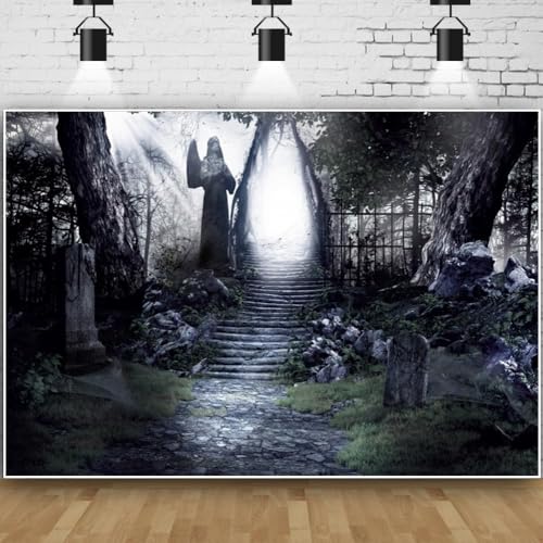 Renaiss Fabric Dark Forest Backdrop Dilapidated Stone Path in Dark Woods Leading to Bright Exit Photography Background Scary Halloween Scene Photoshoot Backdrop 8x6ft - color: Dark Grey, size: 8Wx6H FT