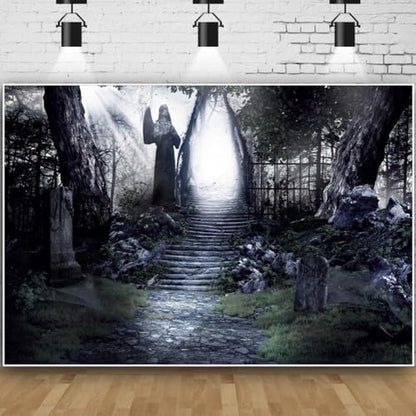 Renaiss Fabric Dark Forest Backdrop Dilapidated Stone Path in Dark Woods Leading to Bright Exit Photography Background Scary Halloween Scene Photoshoot Backdrop 6x4ft - color: Dark Grey, size: 6Wx4H FT