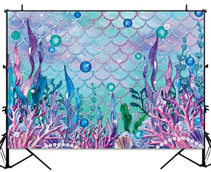 Sensfun Under The Sea Baby Shower Backdrop Purple Blue Seaweed Glitter Scales Underwater Photography Backgrpund Mermaid Birthday Decorations Party Cake Table Banner Photoshoot Vinyl Prop 8x6ft - size: 8x6ft
