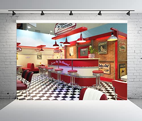 BELECO 20x10ft Fabric Retro 50s Diner Backdrop Classic 1950s Fast Food Soda Shop Restaurant Rockin Dinner Party Dining Background 50s Diner Party Supplies Banner Photo Booth Studio Props - size: 20x10FT