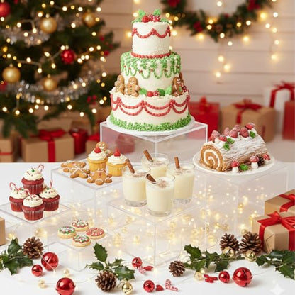 DomeStar 6PCS Clear Buffet Risers with Mini Sign, Food Risers Dessert Table Display Set for Buffet Table Party Catering Cupcake Cake Jewelry, Nesting Boxes for Food Display 8" 7" 6" 5" 4" 3" - color: Transparent