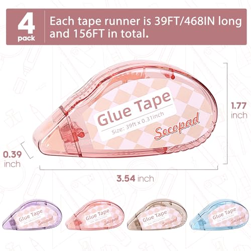 Secopad Scrapbook Tape, 0.3IN x 39FT Double Sided Tape Roller for Crafts, Adhesive Glue Runner Scrapbooking Supplies Journaling School Office Supplies for Kids and Adults, 4 Pack