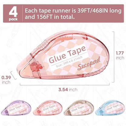 Secopad Scrapbook Tape, 0.3IN x 39FT Double Sided Tape Roller for Crafts, Adhesive Glue Runner Scrapbooking Supplies Journaling School Office Supplies for Kids and Adults, 4 Pack