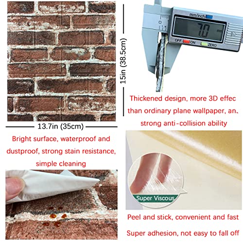 10PCS 3D Wall Panels Peel and Stick Foam 3D Brick Wallpaper Peel and Stick Red Faux Stone Wall Panel Self-Adhesive Wallpaper (10PCS, Red) - color: Red, size: 10PCS
