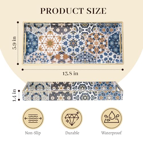 MAONAME Plastic Vanity Tray, Bathroom Counter Tray, Decorative Trays with Handles, Storage Dresser Trays Organizer for Toilet Tank, Jewelry, Makeup, 13.8" x 6" x 1.57" - color: Bohemian-7