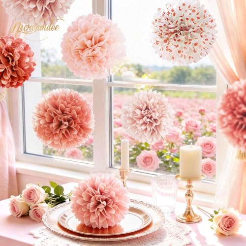NICROLANDEE Wedding Decorations - 12 PCS Rose Gold Tissue Paper Pom Poms for Engagement Party Wedding Birthday Bridal Shower Bachelorette Baby Shower Ceiling Valentine's Day Party Backdrop Decor - style: Rose Gold