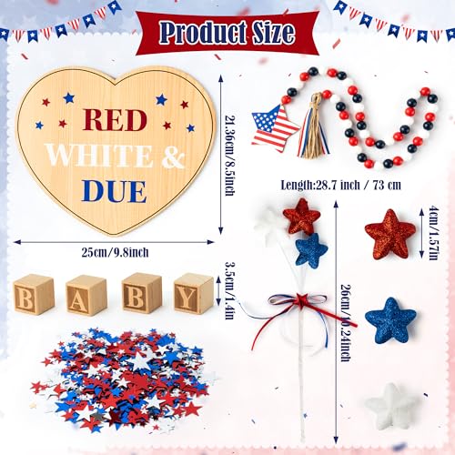 11Pcs Pregnancy Announcement Set 4th of July Baby Coming Soon Announcements Ideas Include Red White & Due Wooden Sign Star Beads Garland Red White Blue Pregnancy Reveal Photo Prop for Independence Day - color: Red White Blue