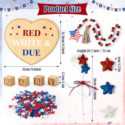 11Pcs Pregnancy Announcement Set 4th of July Baby Coming Soon Announcements Ideas Include Red White & Due Wooden Sign Star Beads Garland Red White Blue Pregnancy Reveal Photo Prop for Independence Day - color: Red White Blue