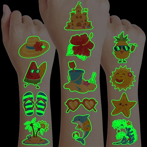 96 PCS Hello Summer Beach Pool Hawaiian Pre-Cut Luminous Glow in the dark Temporary Tattoos for Kids | Super Cute Themed Birthday Party Favors Supplies Decorations, Fake Tattoos Gifts for Boys Girls - color: Luminous