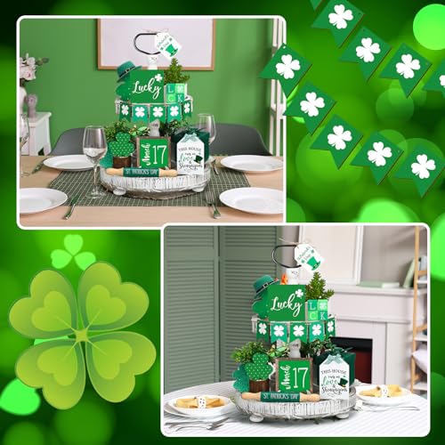 Beeveer 15 Pcs St. Patrick's Day Tiered Tray Decor Set Shamrock Gnome Wooden Sign Rustic Irish Themed Table Centerpiece Tabletop for Home Office Kitchen(Shamrock) - style: Shamrock