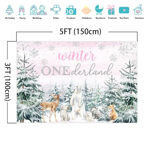 Mocsicka Winter Onederland Backdrop Pink Snowflake Girls First Birthday Photography Background Winter Woodland Animals Happy 1st Birthday Party Banner Decorations Photo Booth Props (5x3ft) - size: 5x3ft