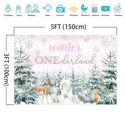 Mocsicka Winter Onederland Backdrop Pink Snowflake Girls First Birthday Photography Background Winter Woodland Animals Happy 1st Birthday Party Banner Decorations Photo Booth Props (5x3ft) - size: 5x3ft