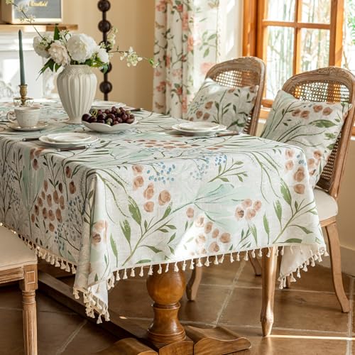 VClife Table Cloth - Aesthetic Pink Blue White Floral Printed Tablecloth for Holiday Home Party, Soft Cotton Linen Furniture Table Cover Washable Tablecloth for 8-10 Seaters (60"x102") - color: Pink Blue Flowers, size: 102" x 60" (Rectangular)
