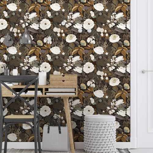 Laatse Floral Peel and Stick Wallpaper Vintage Floral Contact Paper 17.5'' x 393.7'' Self Adhesive Removable Waterproof Boho Botanical Wall Paper for Bedroom Shelf Liner Countertop(Brown,Black,White) - color: Brown&White, size: 17.5" x 393"