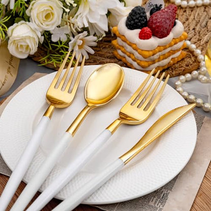 SUT Gold Plastic Silverware, 160Pcs Gold Utensils Set Disposable, 80 Gold Plastic Forks, 40 Gold Knives, 40 Gold Spoons, Gold Plastic Cutlery for Parties, Dinners, Weddings(White Gold) - style: White Gold