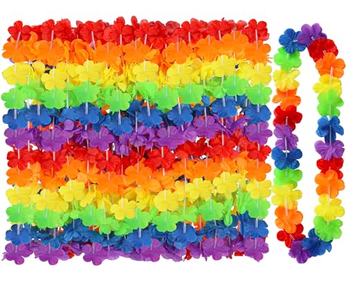 Arrowom Pride Accessories, 24pcs LGBTQ Floral Leis Decorations Bulk, Rainbow Pride Month Silk Flower Leis Stuff, LGBT Gay Lesbian Accessories for Pride Parade Tropical Hawaiian Luau Party Decorations - color: Pride Rainbow 24pcs