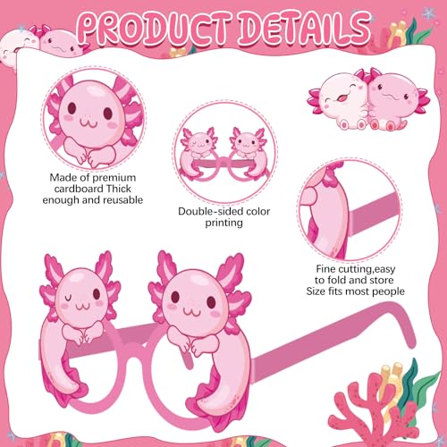 Pajean 36 Pcs Axolotl Party Decorations Eyeglasses Pink Axolotl Themed Paper Glasses Decor Salamander Photo Booth Props Frame for Birthday Pink Baby Shower Salamander Party Decoration Gift - style: Axolotl