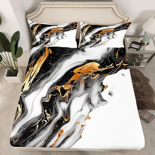Marble Texture Bed Sheet Set Black White and Golden Fitted Sheet for Kids Boys Girls Teens Ink Color Bedding Set Modern Marble Aesthetic Bed Cover 2Pcs with 1 Pillow Case Twin Size - color: Multi Aa03, size: Twin