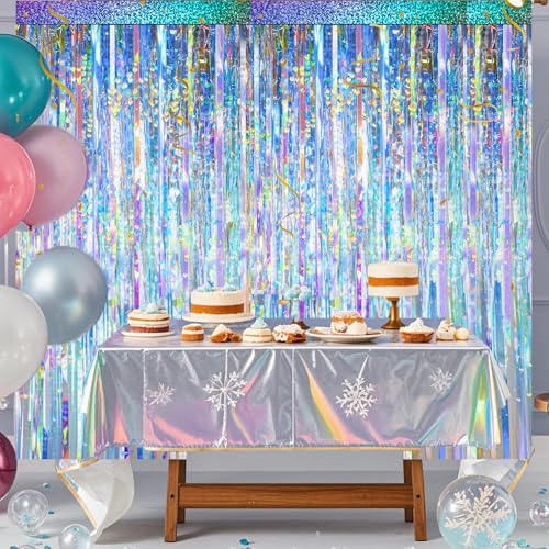 2 Packs Iridescent Foil Fringe Curtain, Neon Transparent Holographic Tinsel Backdrop for Birthday, Wedding, Baby Shower, Mermaid, Euphoria, Iridescent Party Decorations Supplies - color: Iridescent