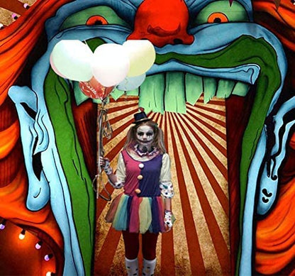 Scary Giant Clown Photography Backdrop Red White Stripe Carnival Photo Background Photo Booth Studio Props Supplies Horror Circus Haunted House 7x5ft Vinyl Halloween Party Banner Decorations - size: 7x5ft
