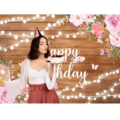 Happy Birthday Backdrop for Women Rustic Wooden Butterfly Happy Birthday Banner Decorations Glitter Lights Pink Floral Party Decoration Background for 20th 30th Women Girl 7X5ft(84x60 inch) - color: Brown, size: 7x5Ft