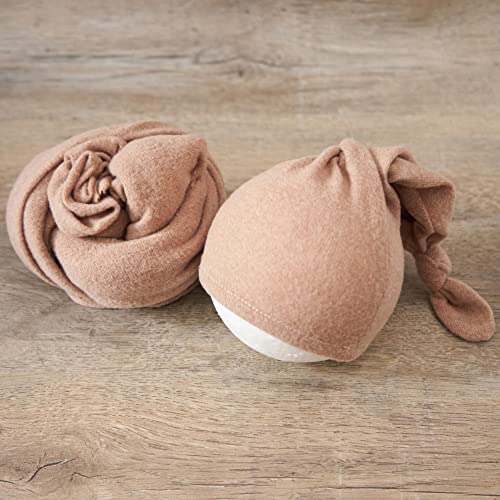 Zeroest Newborn Photography Wraps with Hat Baby Photo Outfit Girl Stretch Blanket Infant Boy Props for Baby Photo Shoot - color: Tan