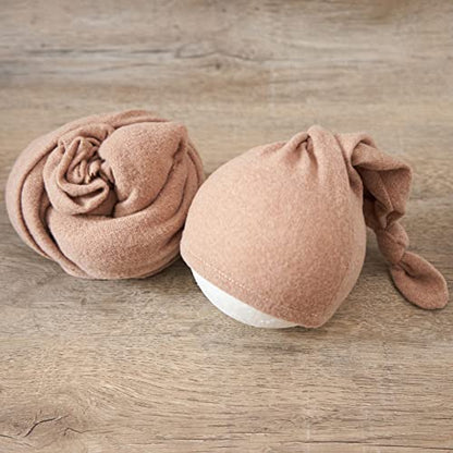 Zeroest Newborn Photography Wraps with Hat Baby Photo Outfit Girl Stretch Blanket Infant Boy Props for Baby Photo Shoot - color: Tan