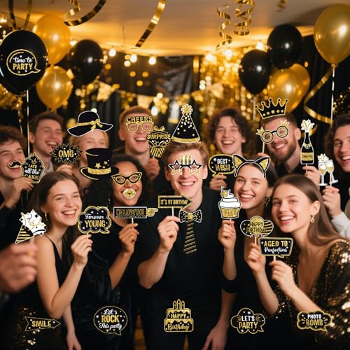 JOJO FLY 36 Pcs Birthday Photo Booth Props Kit, Black and Gold Party Favors, Happy Birthday Party Decorations, Photobooth Holiday Selfie Supplies
