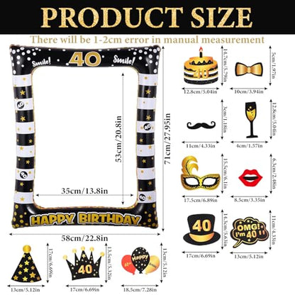 40th Birthday Photo Booth Props, Black Gold Inflatable Photo Booth Frame, 30PCS Photo Booth Props for Party Selfie Party Decorations and Gifts - size: 40th Birthday Inflatable Frame