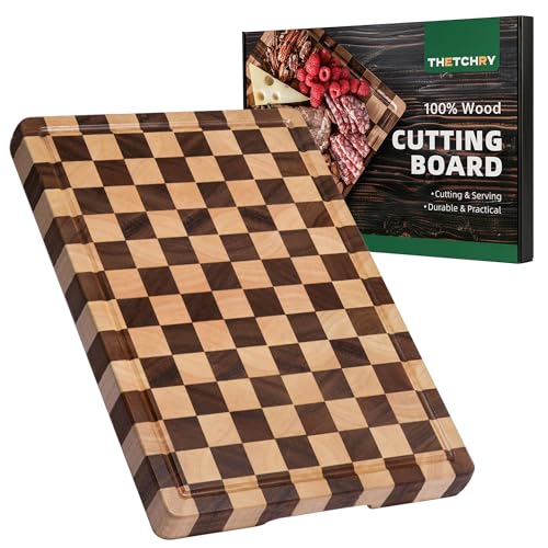 THETCHRY Cutting Boards for Kitchen, Checkered Cutting Board Upgraded, Acacia Wood Chopping Board with Juice Grooves & Handles, Large Butcher Block Serving Tray with Gift Box, 17"X12"X0.8" - size: 17"L x 12"W