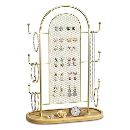 bussdis Jewelry Display Earring Stand Gold Organizer Earring StorageTree Jewelry Rack Towers with 6 Hooks 300 Stud Holes Wood Tray for Necklaces Bracelets Ring - color: Gold