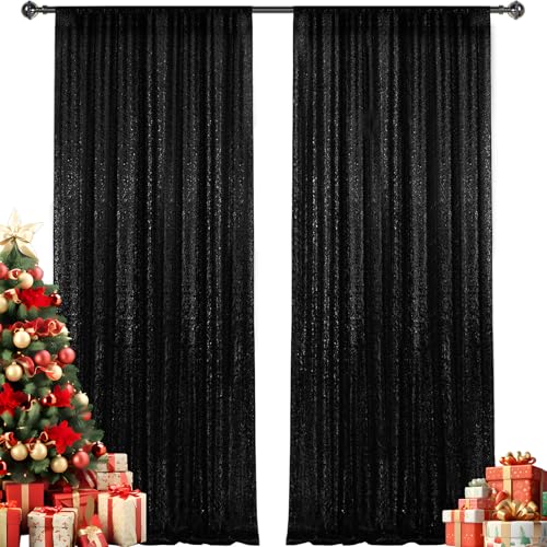 2×8FT-2PCS Black Sequin Backdrop Curtains Panels, Photography Backdrop Glitter Curtains Fabric Background for Wedding Party Decor - color: Black, size: 2X8FT-2PCS